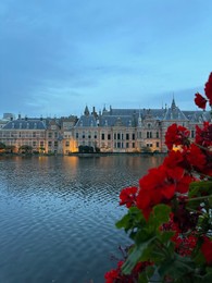 Photo of Beautiful view of red flowers and buildings on riverside in city