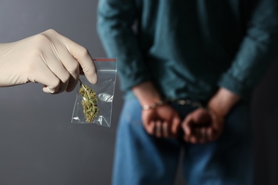 Photo of Police worker holding hemp in plastic bag near arrested drug dealer on color background