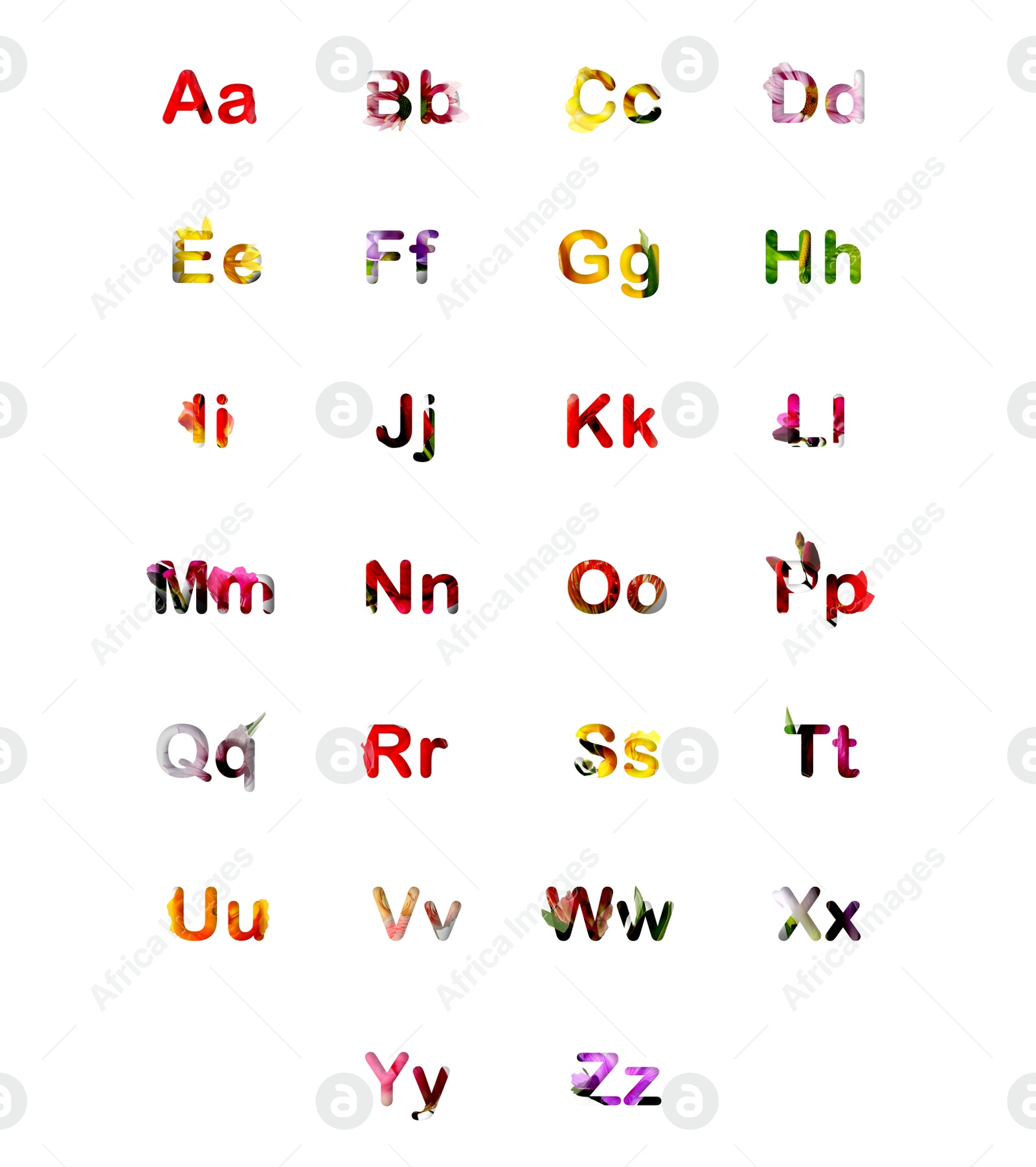 Image of Alphabet letters made of flowers on white background