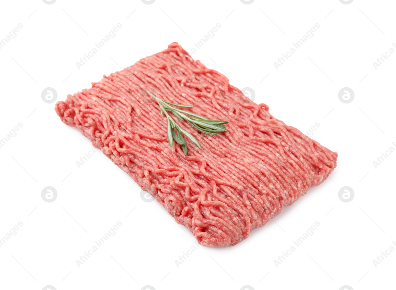 Photo of Fresh raw ground meat and rosemary isolated on white