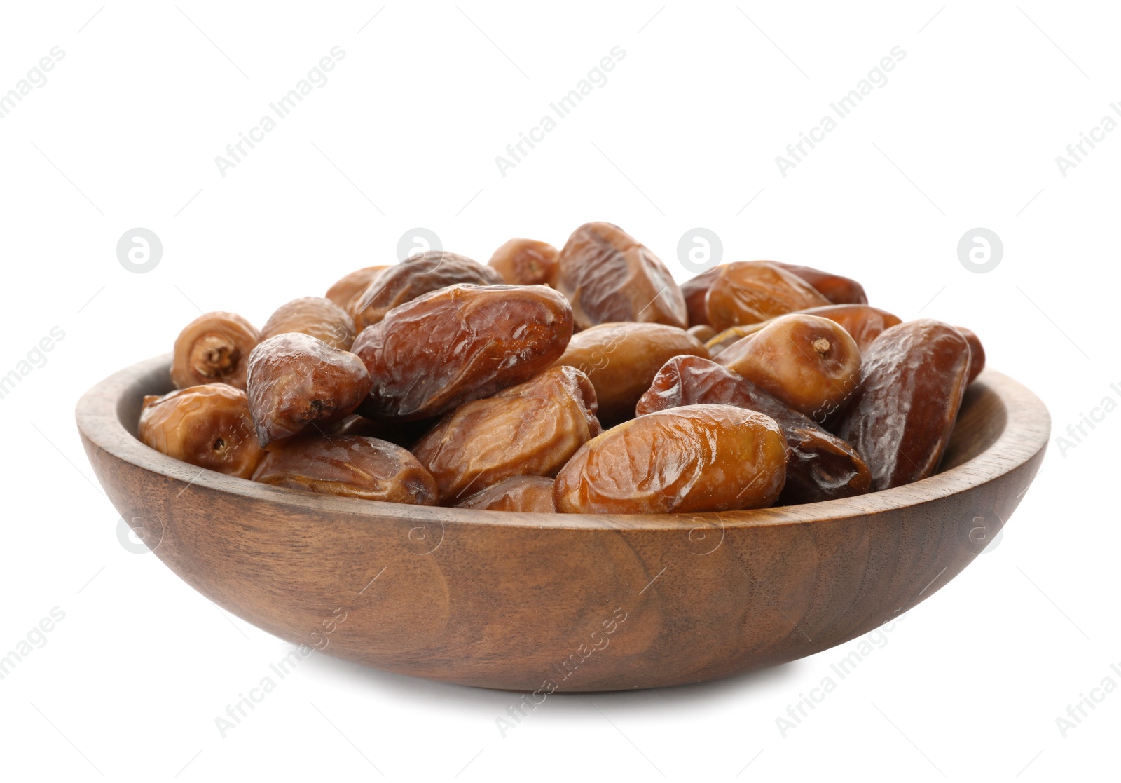 Photo of Bowl with sweet dates on white background. Dried fruit as healthy snack