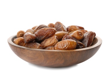 Photo of Bowl with sweet dates on white background. Dried fruit as healthy snack