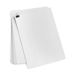 Blank sheets of paper with binder clip on white background, top view