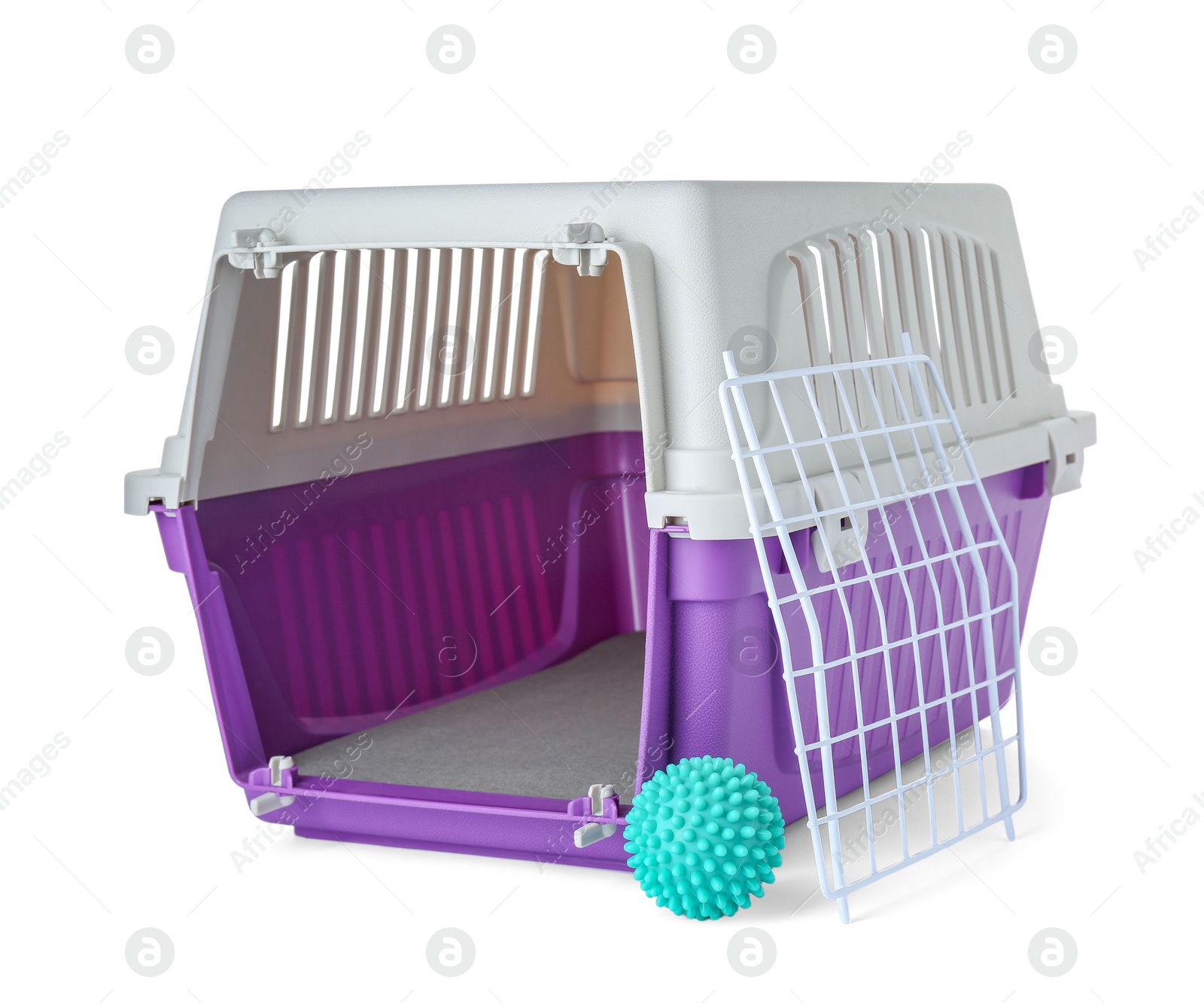 Photo of Violet pet carrier and toy isolated on white