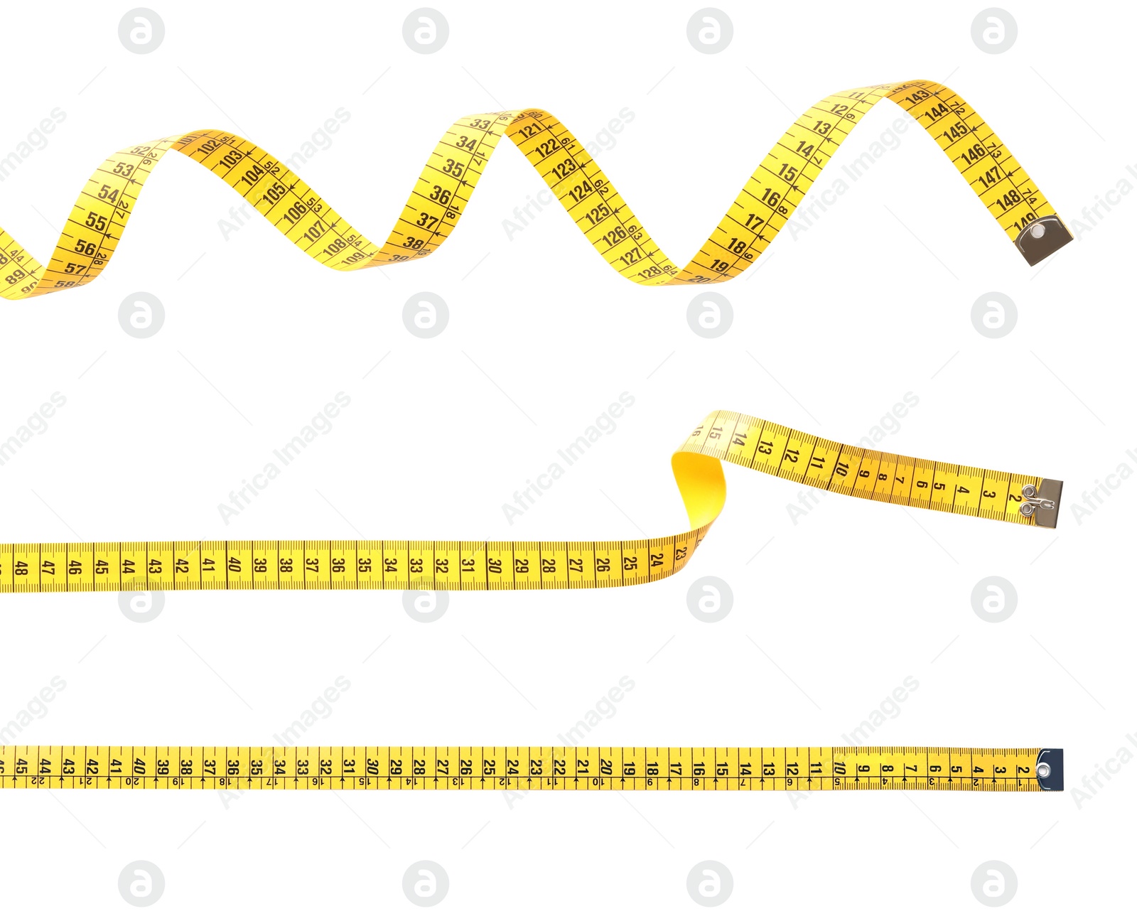 Image of Set of yellow measuring tapes on white background