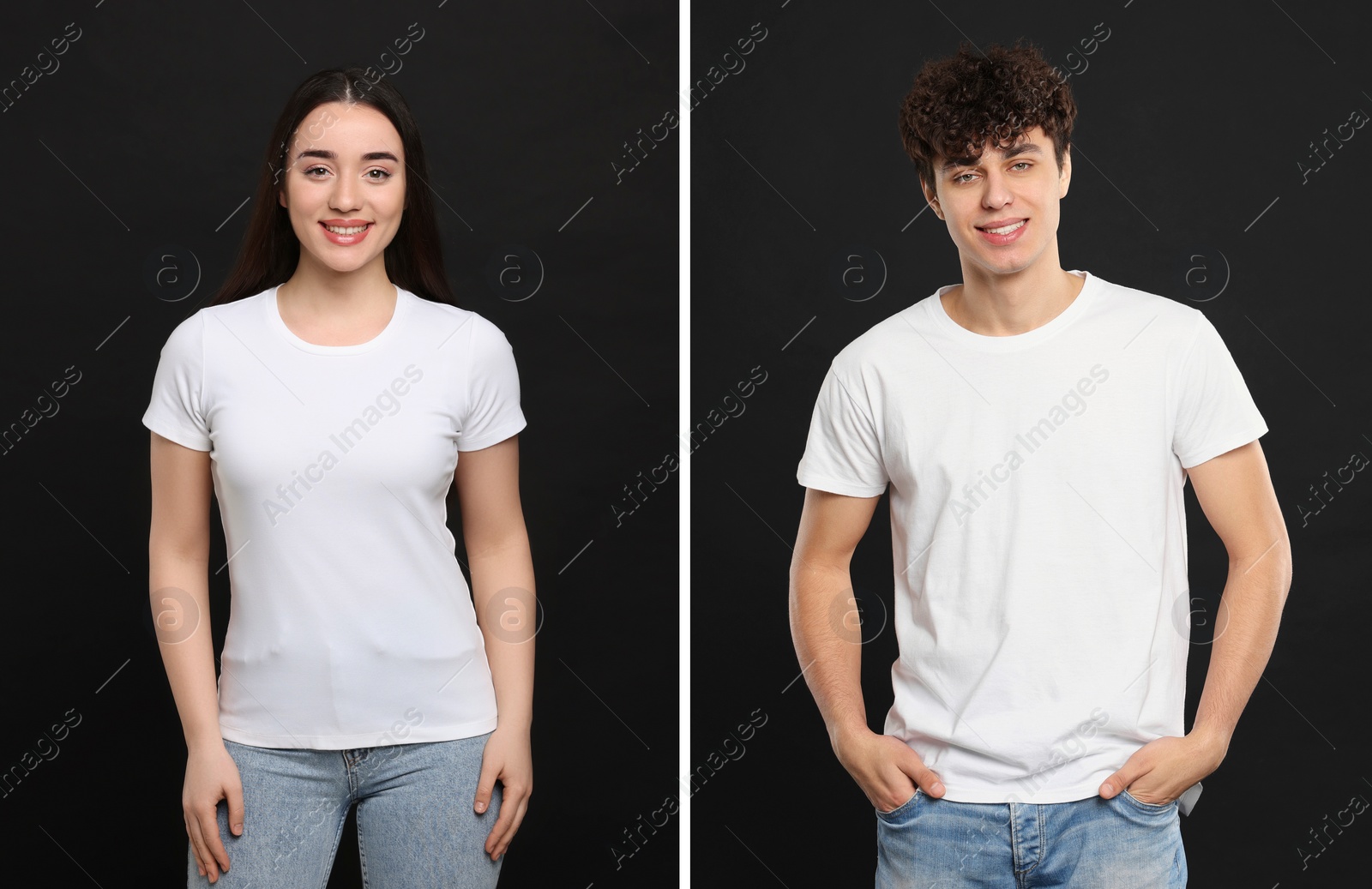 Image of People wearing white t-shirts on black background. Mockup for design