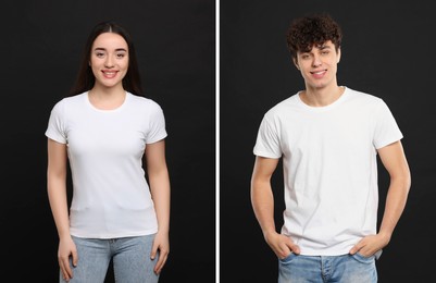 Image of People wearing white t-shirts on black background. Mockup for design