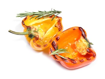 Tasty grilled bell peppers and rosemary isolated on white