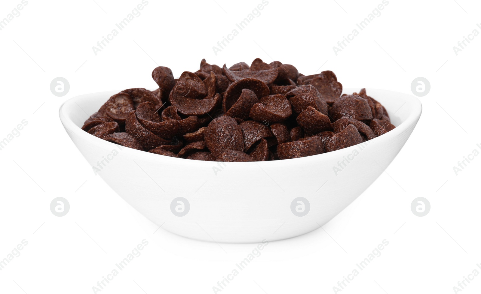 Photo of Breakfast cereal. Chocolate corn flakes in bowl isolated on white