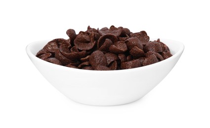 Photo of Breakfast cereal. Chocolate corn flakes in bowl isolated on white