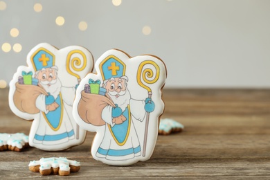 Delicious gingerbread cookies on wooden table. St. Nicholas Day celebration