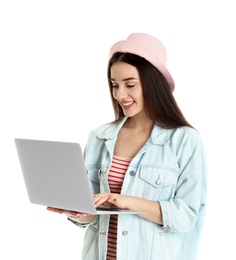 Photo of Portrait of young woman in casual outfit with laptop on white background