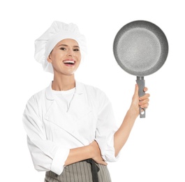 Photo of Female chef holding frying pan on white background