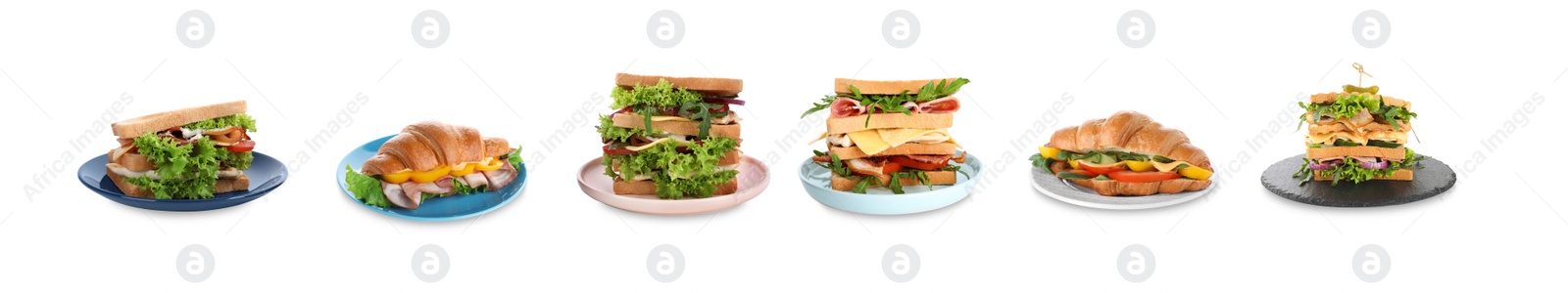 Image of Set of different yummy sandwiches on white background. Banner design 