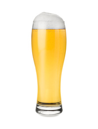 Photo of Glass with tasty beer isolated on white