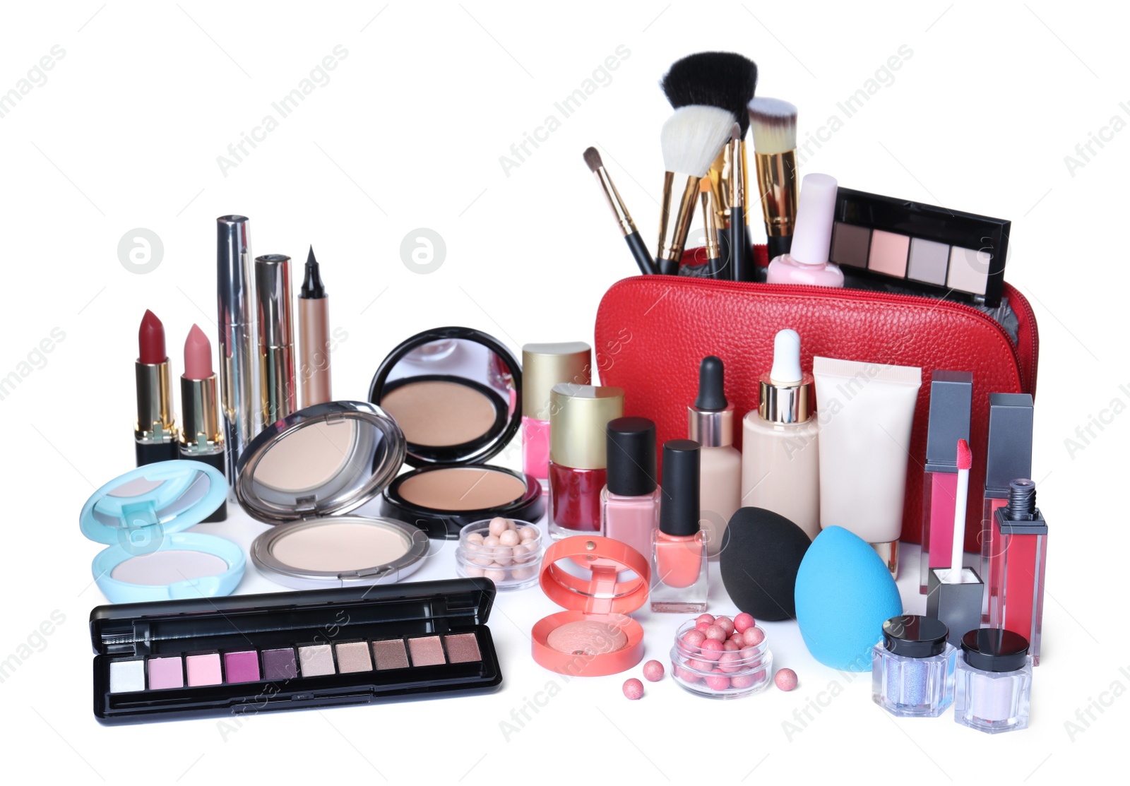 Photo of Different luxury decorative cosmetics on white background