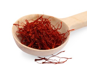 Photo of Wooden spoon of dried red saffron isolated on white