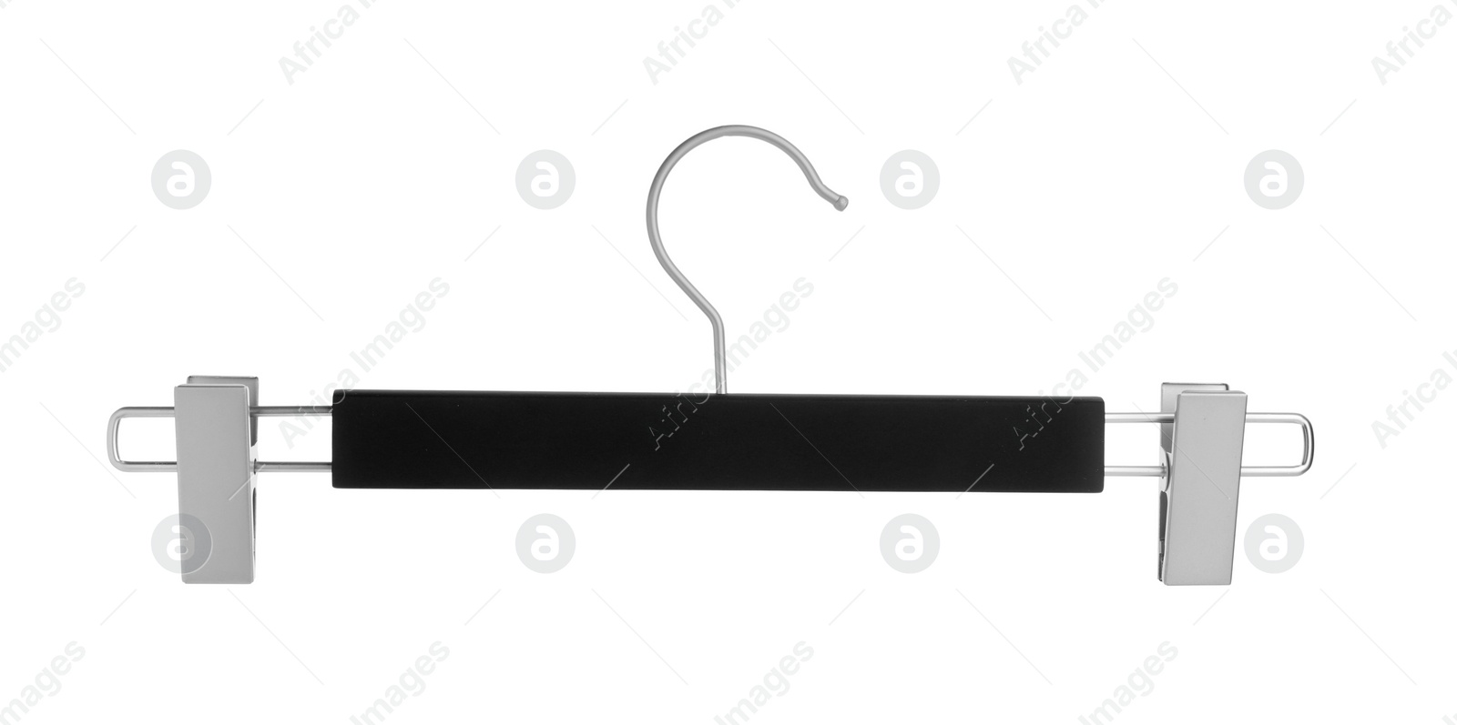 Photo of Empty hanger with clips isolated on white. Wardrobe accessory