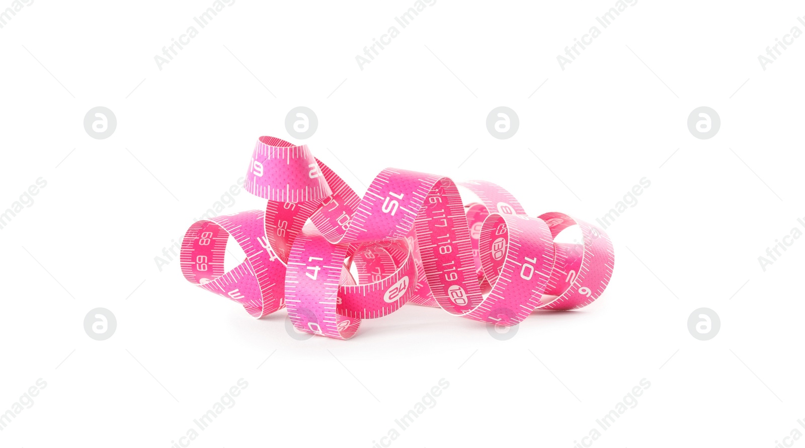 Photo of New pink measuring tape isolated on white