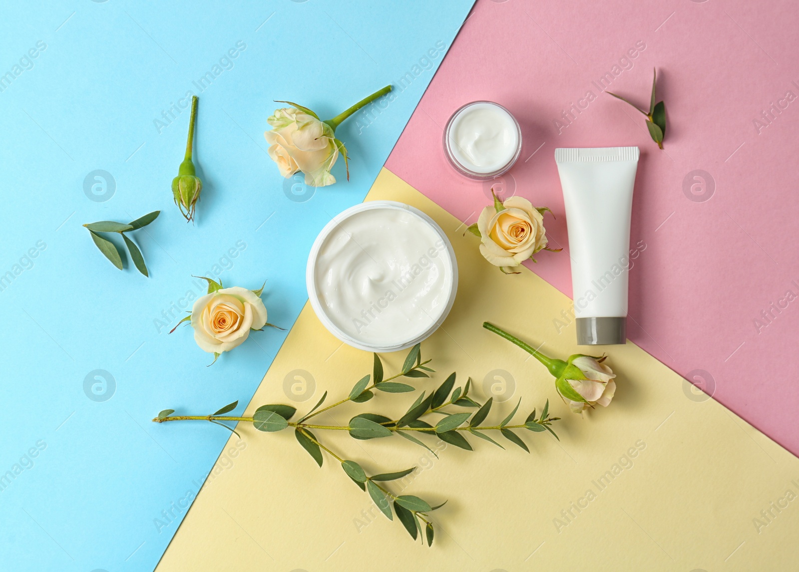 Photo of Beautiful composition with cosmetics on colorful background, flat lay