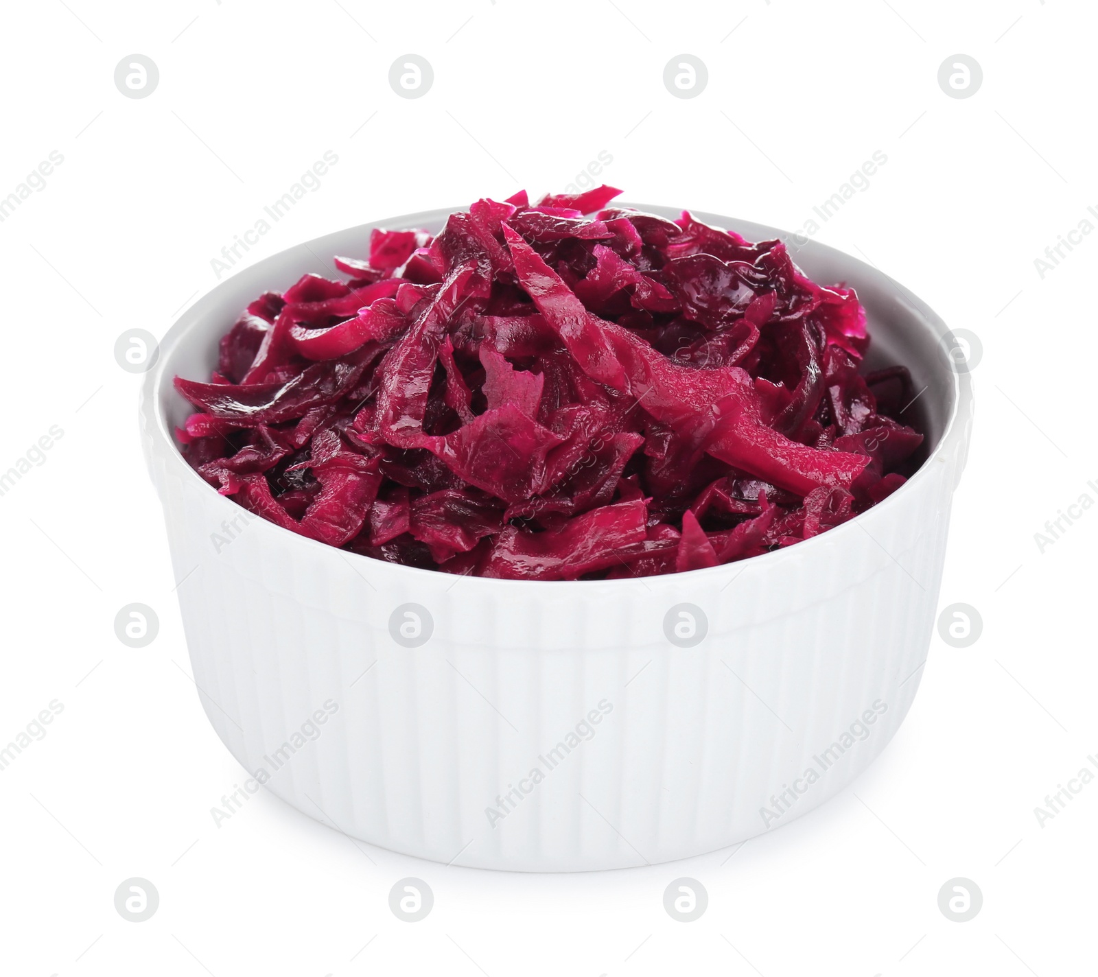 Photo of Bowl of tasty red cabbage sauerkraut isolated on white