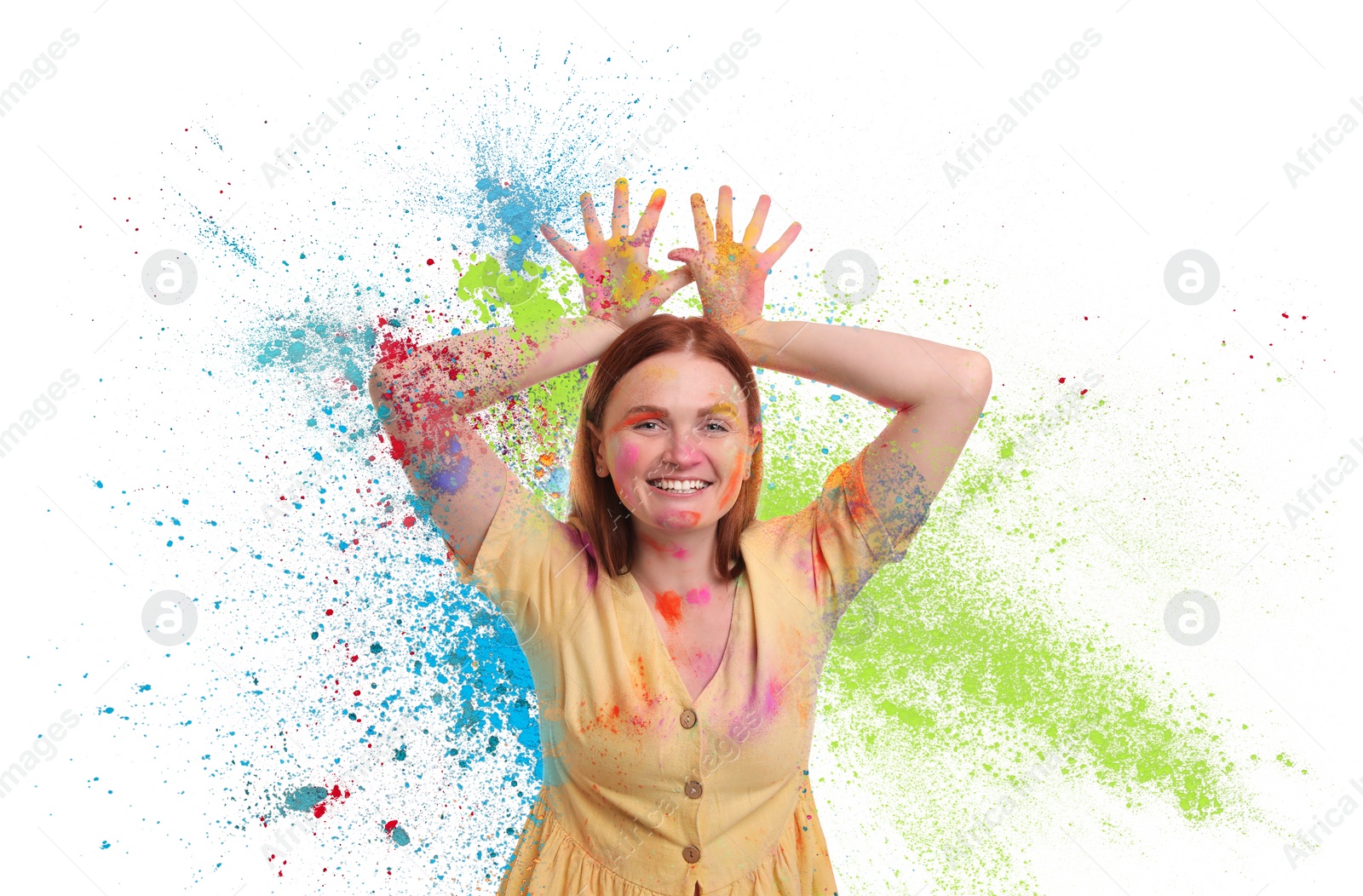 Image of Holi festival celebration. Happy woman covered with colorful powder dyes on white background