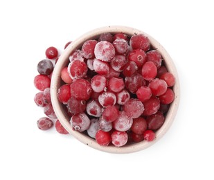 Photo of Frozen red cranberries in bowl isolated on white, top view