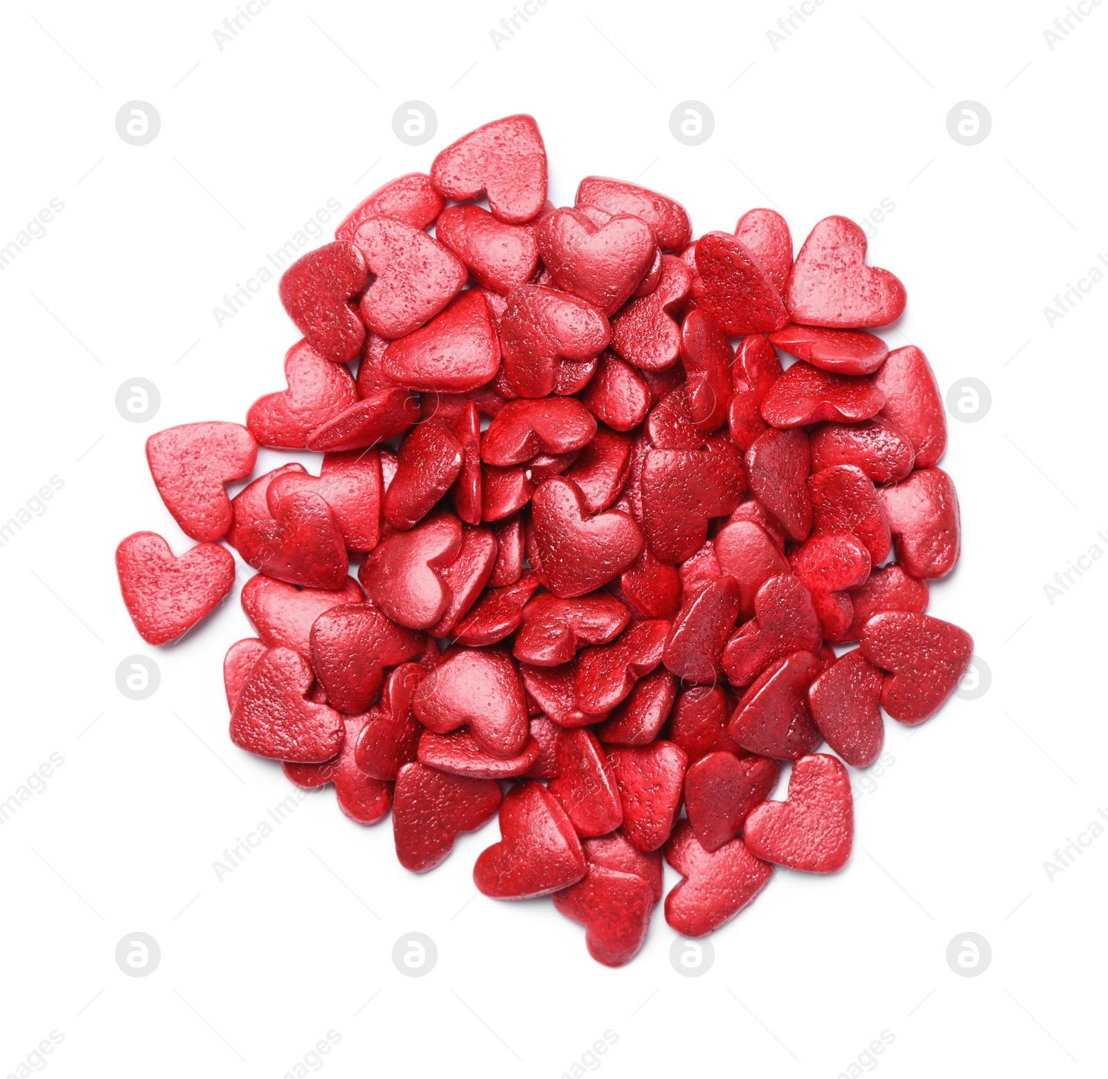 Photo of Pile of sweet candy hearts on white background, top view