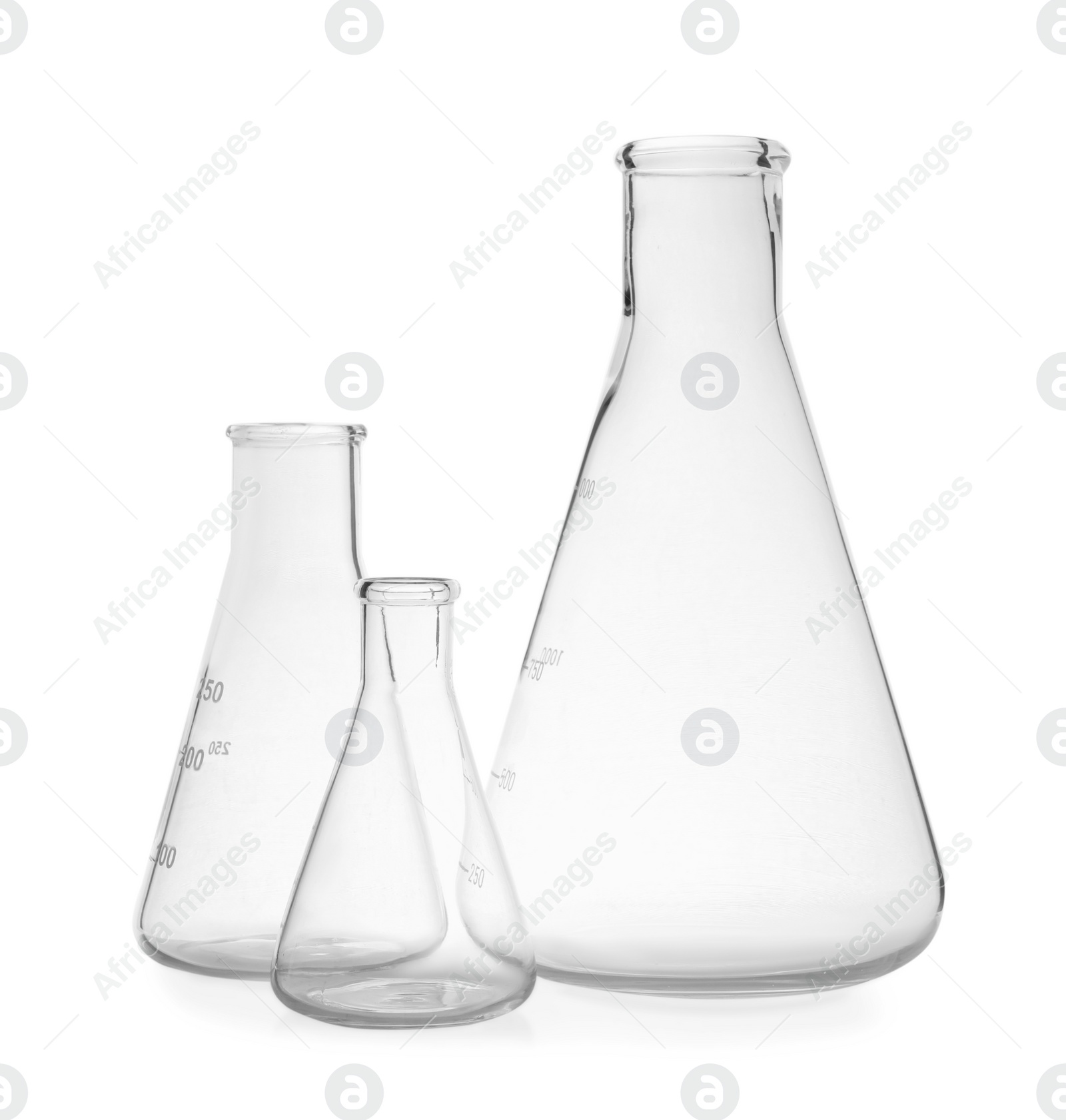 Photo of Empty flasks on white background. Laboratory equipment