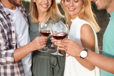 Friends holding glasses of wine and having fun on vineyard picnic