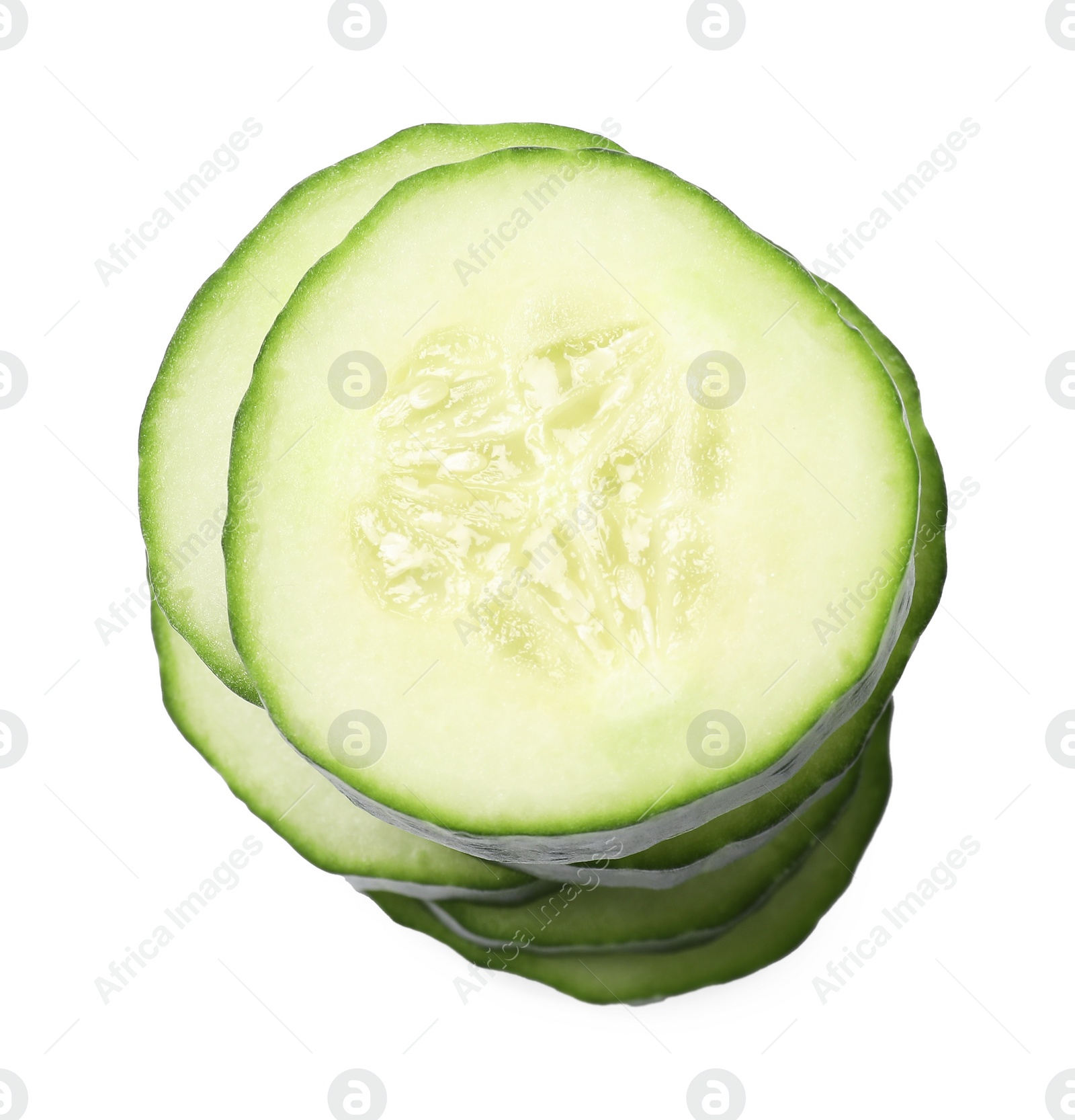 Photo of Stack of fresh cut cucumber isolated on white, top view