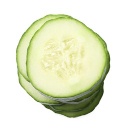 Photo of Stack of fresh cut cucumber isolated on white, top view