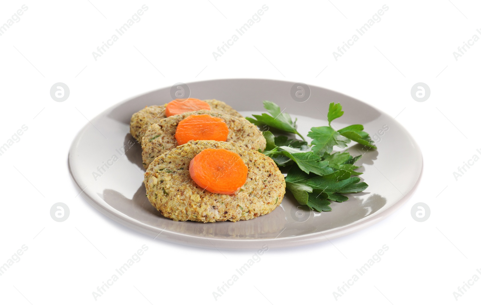 Photo of Plate of traditional Passover (Pesach) gefilte fish isolated on white