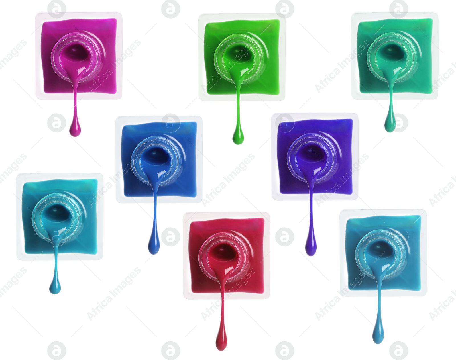 Image of Set of different nail polishes dripping on white background