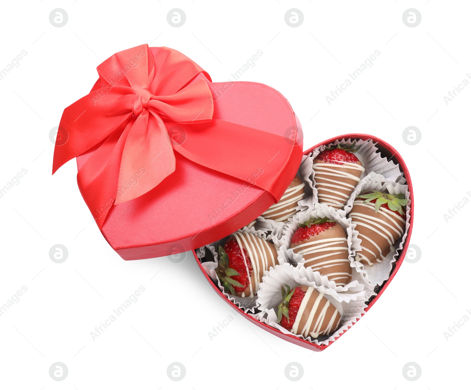 Photo of Heart shaped box with delicious chocolate covered strawberries isolated on white, top view