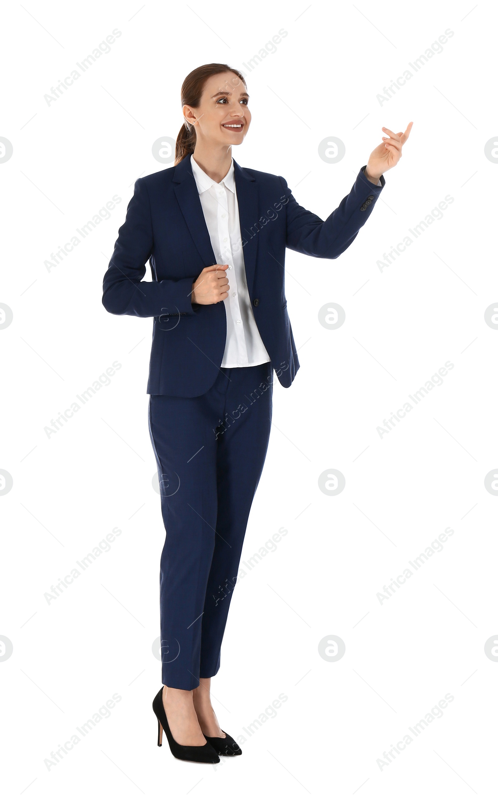 Photo of Professional business trainer showing at something on white background