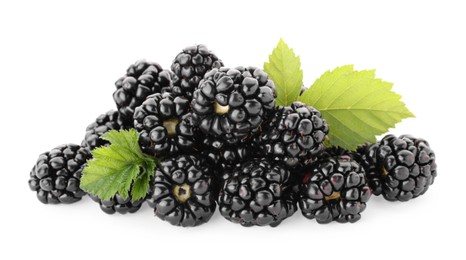 Tasty ripe blackberries and leaves on white background