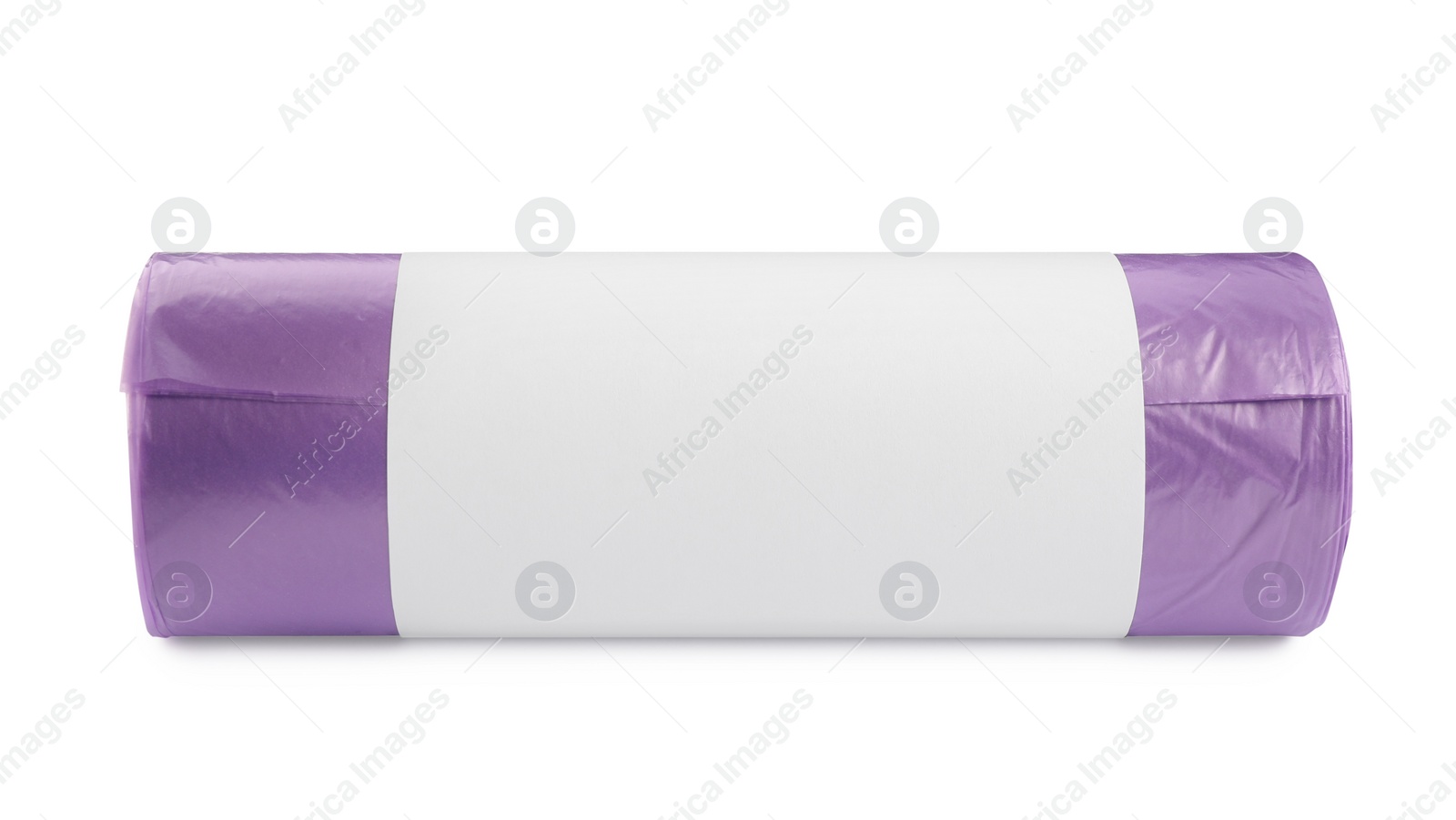 Photo of Roll of violet garbage bags on white background. Cleaning supplies