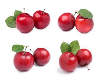 Image of Set with delicious ripe cherry plums on white background 