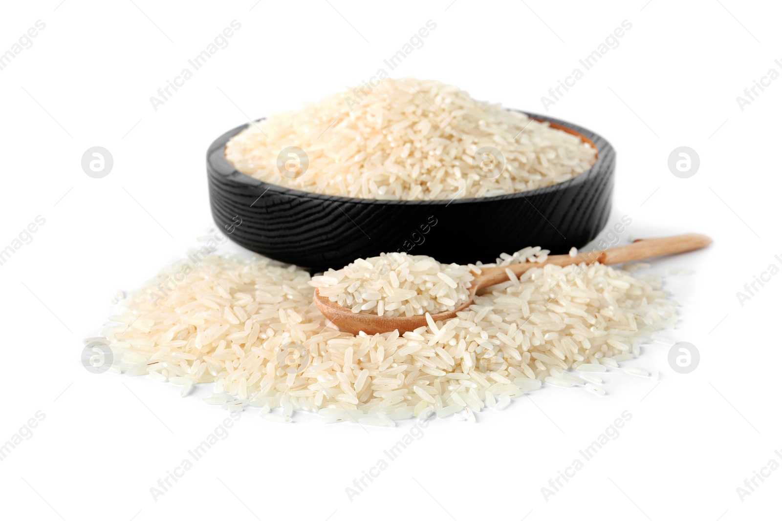 Photo of Plate, spoon and uncooked long grain rice on white background