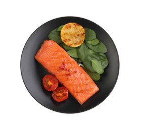 Photo of Tasty grilled salmon with tomatoes, lemon and basil, top view