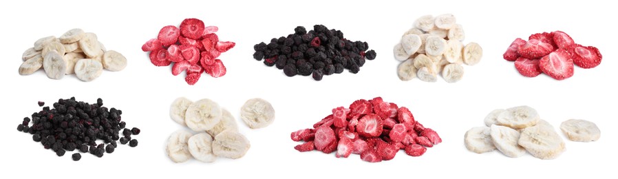 Image of Set with different freeze dried berries and bananas on white background. Banner design