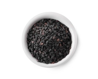 Photo of Black sesame seeds with bowl on white background, top view