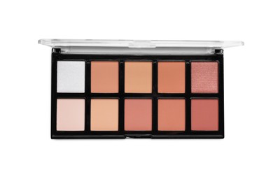 Colorful contouring palette on white background, top view. Professional cosmetic product