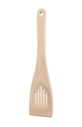 Photo of One wooden spatula isolated on white. Kitchen utensil