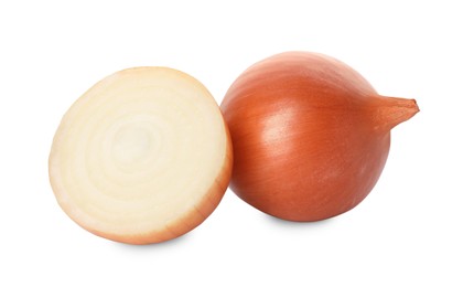 Photo of Whole and cut onions on white background