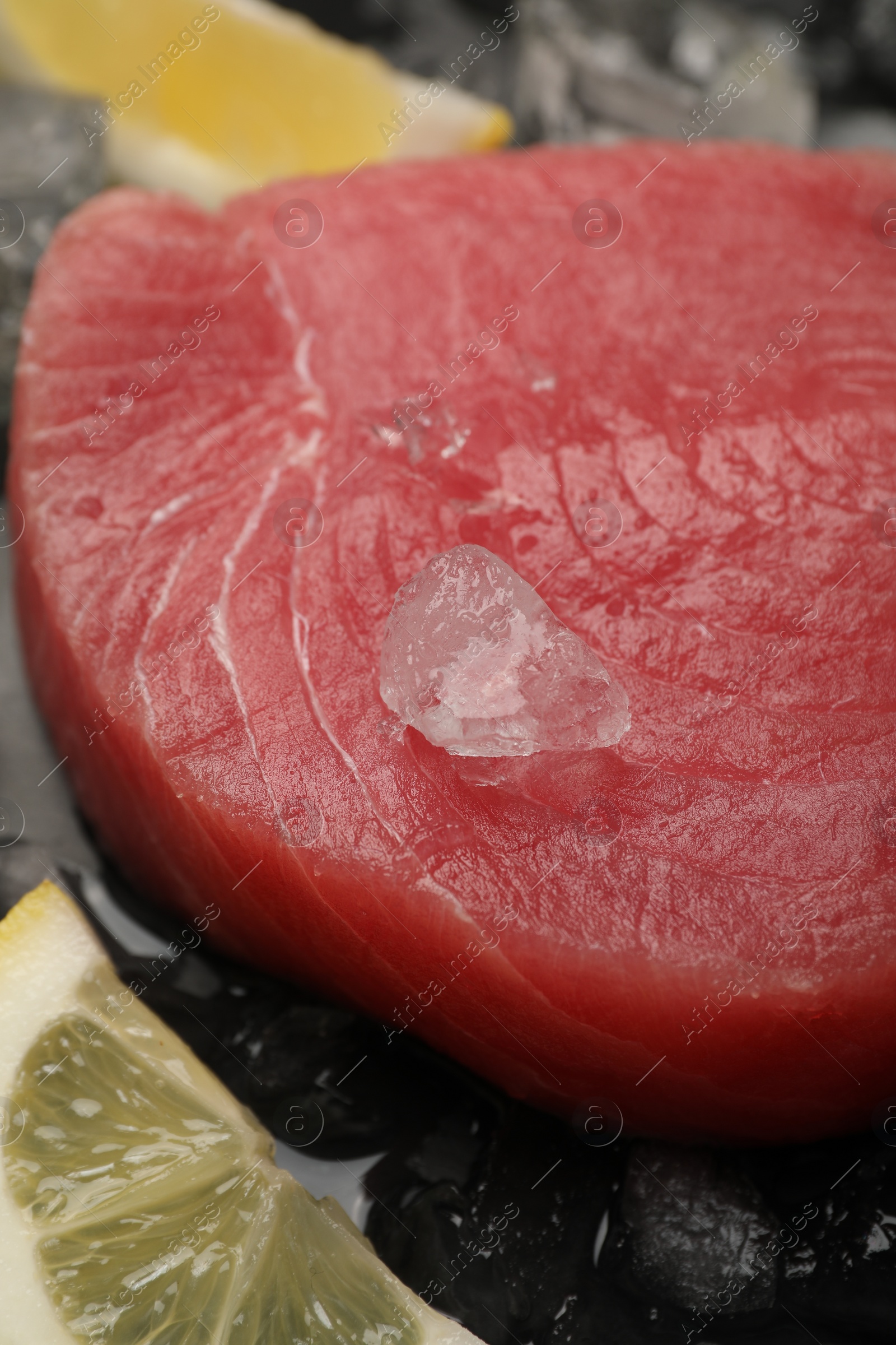 Photo of Raw tuna fillet and ice cubes on dark table, closeup