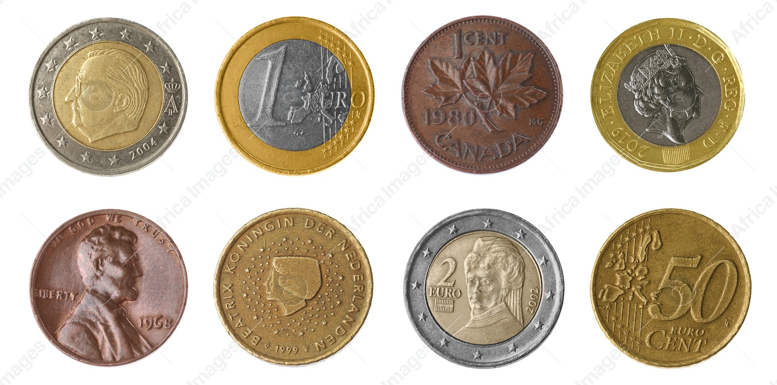 Image of Set with different coins on white background. Banner design