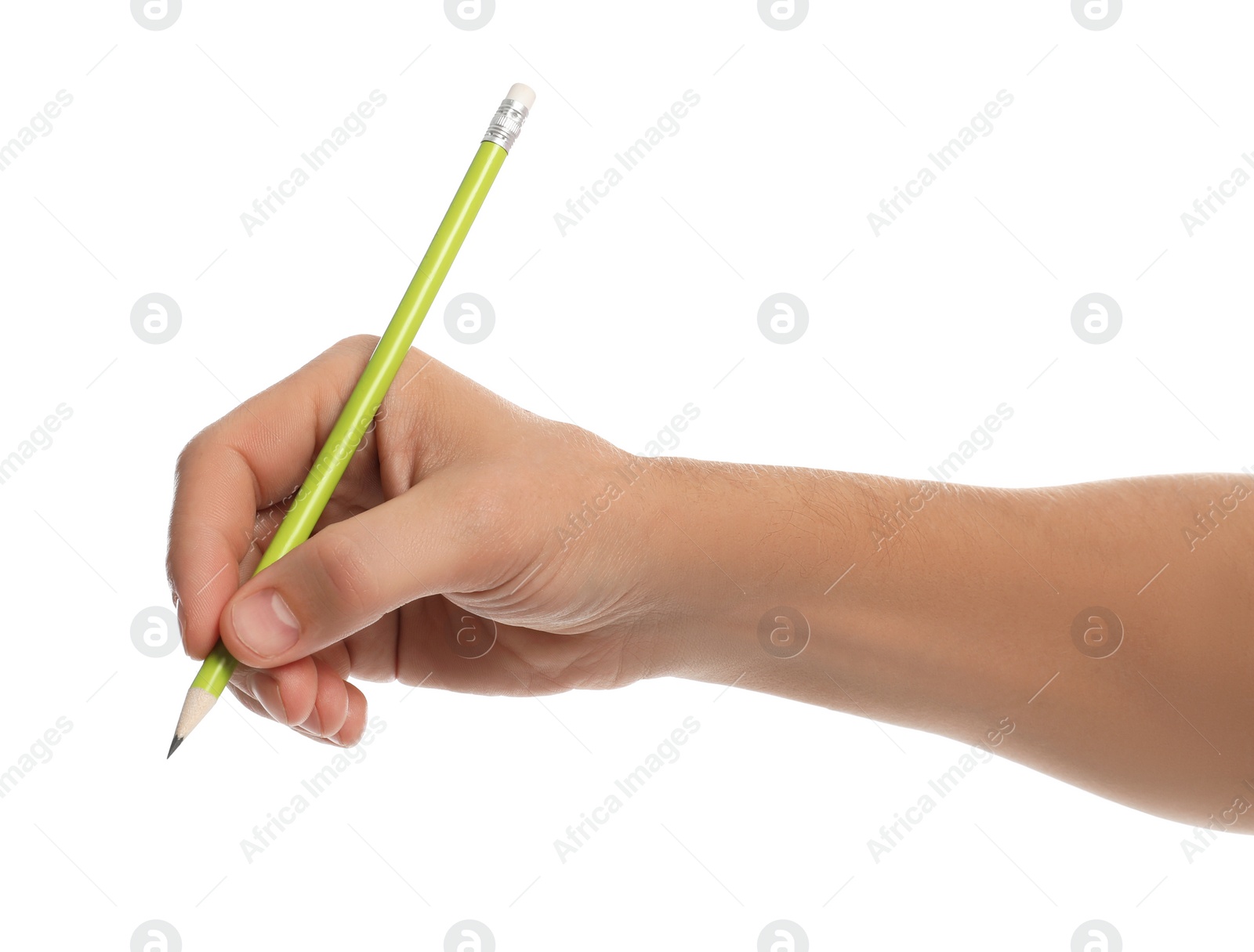 Photo of Man holding ordinary pencil on white background, closeup