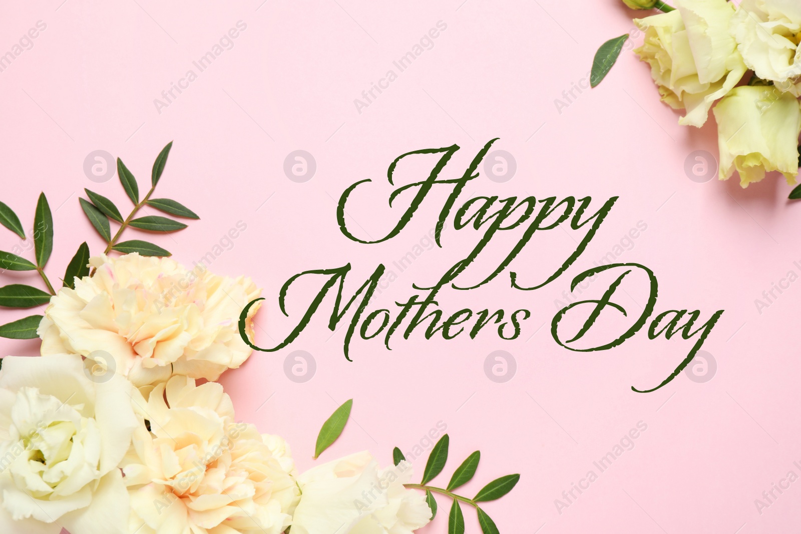 Image of Happy Mother's Day. Beautiful flowers on pink background, flat lay 